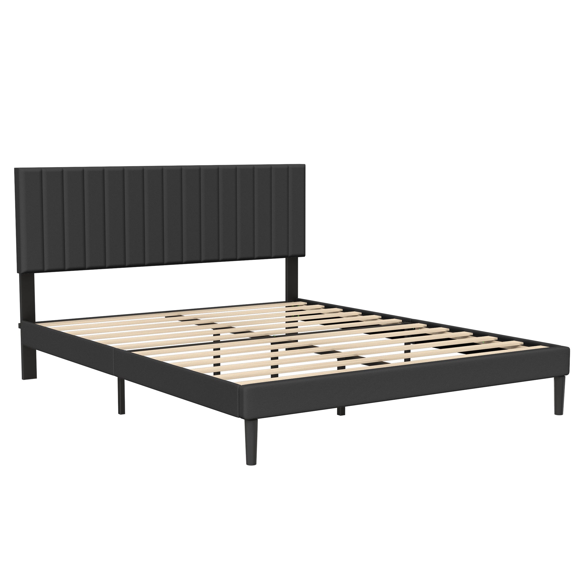 Cadre de lit rembourré avec tête de lit et base à lattes, plateforme en métal robuste, base de matelas, noir/beige