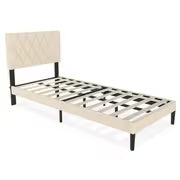 Cadre de lit rembourré avec tête de lit et sommier à lattes, cadre de lit en métal, fondation de matelas, cuir, beige/noir
