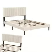 Cadre de lit avec boutons, lit rembourré - Cadre de lit plateforme avec tête de lit en velours rembourré, support à lattes en bois, lit double pour adultes, design moderne, beige, 90/140/160 x 200 cm