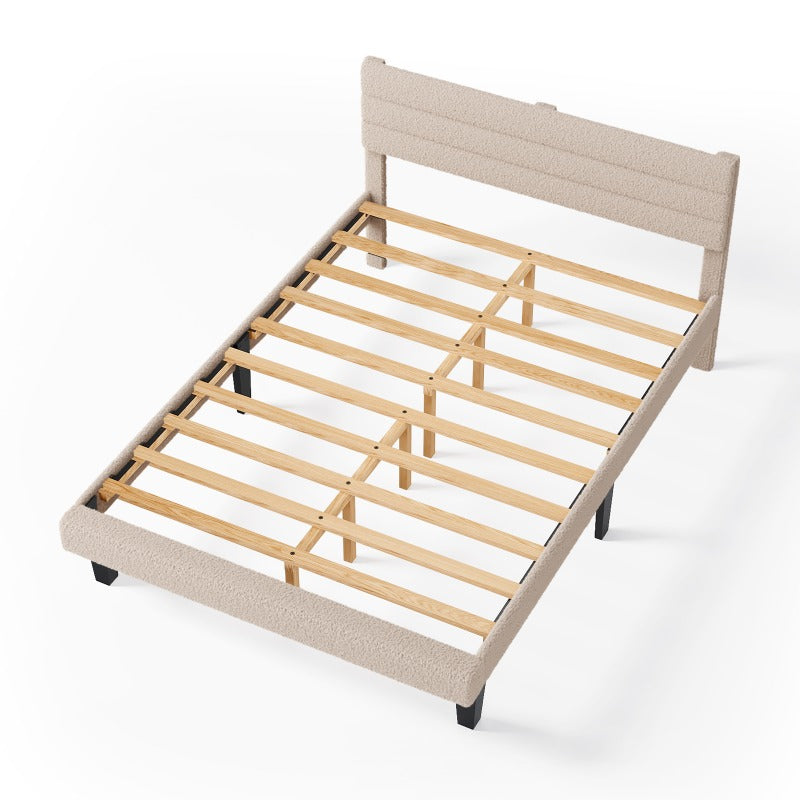 Bonnlo Lit 160x200 avec Sommier, Lit double, Tête de Lit Tapissier, Montage Facile, Tissu Bouclé, Blanc Cassé